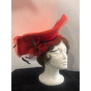 Red Sinamay Wide Brim Fascinator Hat Black Feather Derby Wedding red hat club
